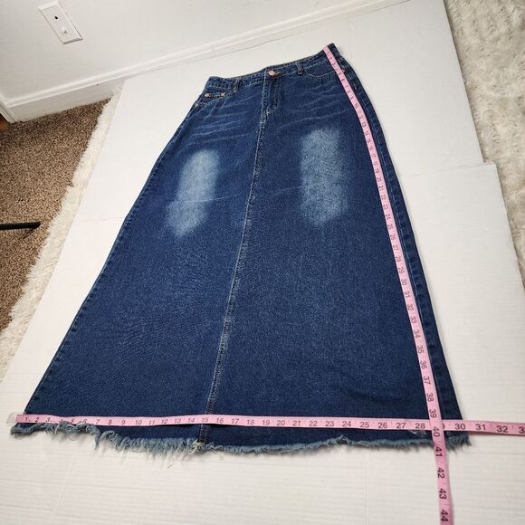 Denim Skirt Maxi Skirt Frayed Hem Jean Skirt Long To The Floor A-line M - Picture 7 of 11